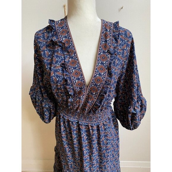 Max Studio BNWOT Women Blue floral tiered midi Dress sz Medium balloon sleeve - Picture 2 of 6